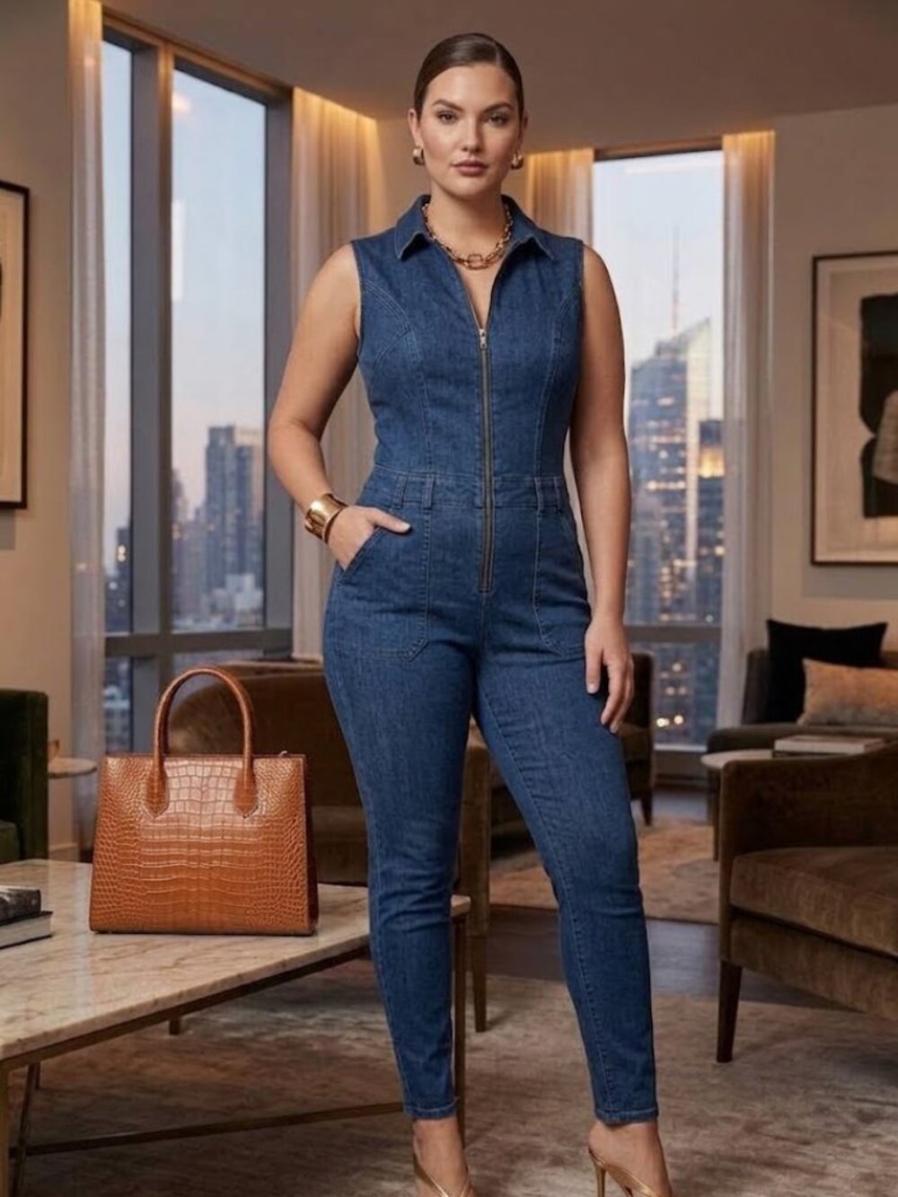 Vintage Guess Stretch Medium Wash Denim Jean Sleeveless Zip Up Jumpsuit Size 10